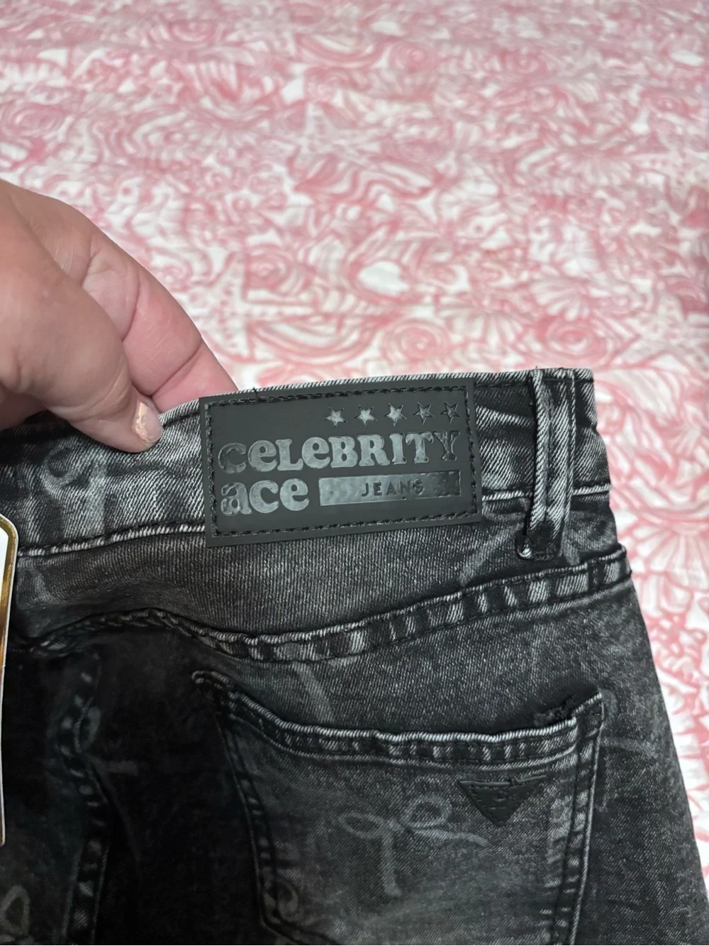 High-Rise Black Washed women Jeans with Subtle Bow Print
